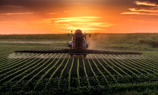 Tractor Rociando Pesticidas Campo Soja Con Pulverizador Primavera — Foto de Stock