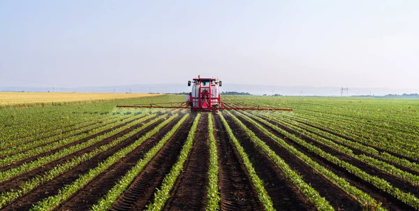 Traktor Versprüht Frühjahr Pestizide Auf Sojabohnenfeld Mit Sprüher lizenzfreie Stockbilder
