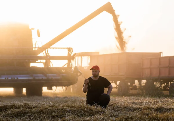 Zufriedener Landwirt Steht Neben Mähdrescher — Stockfoto