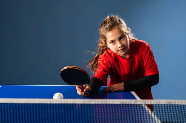 Little Charming Happy Girl Child Plays Ping Pong Indoor — 图库照片