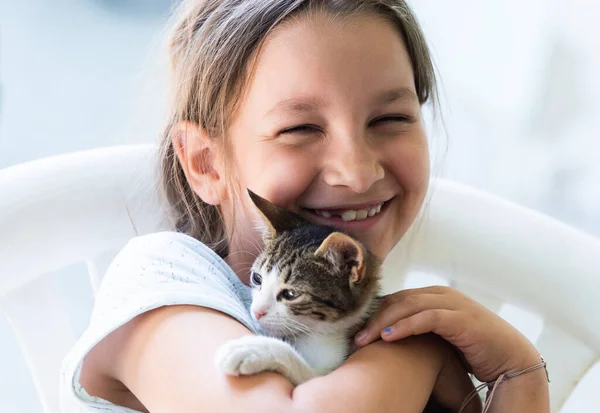 Little Girl Holding Baby Cat Kids Pets — Stock Photo, Image
