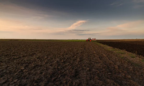 Traktor Orá Pole Večer Při Západu Slunce — Stock fotografie