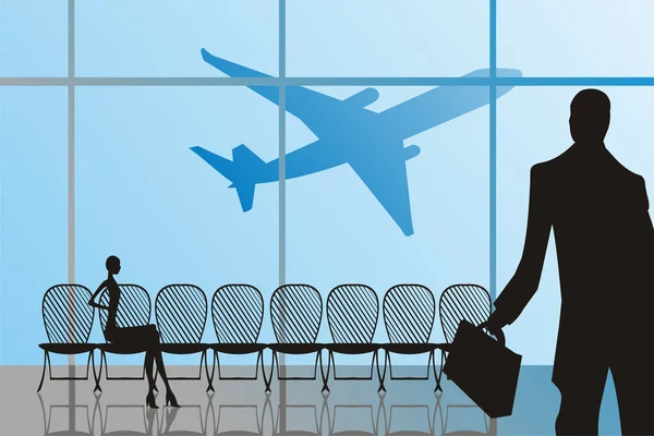 男人和女人在机场的 silhouettes — 图库矢量图片