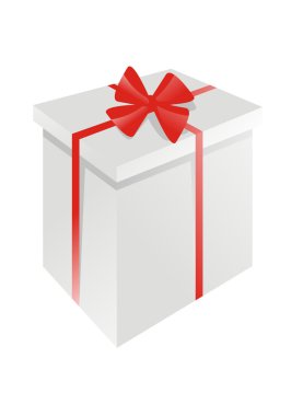 beyaz zemin üzerine kırmızı kurdele ile hediye kutusu