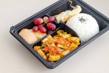 Sağlıklı ve diyet beslenme çantaları, Tayland Vejetaryen yemekleri, Tofulu kırmızı köri ve plastik kutular..