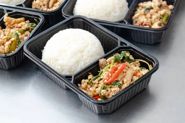 Pronto Para Comer Moderna Caixa Arroz Asiático Thai Stir Fried — Fotografia de Stock