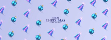 Mavi Noel topları, Noel ağaçları ve yazı için mekanı olan soyut ve zarif bir afiş. - Mutlu yıllar. Vektör illüstrasyonu.