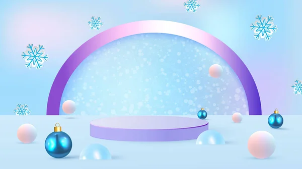 Kersttafereel Blauwe Achtergrond Met Podium Drifts Kerstboom Kerstballen Vitrine Voor — Stockvector