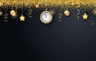 Kartpostal, davetiye Mutlu yıllar 2022 ve Mutlu Noeller. Saat, metalik altın Noel topları, dekorasyon, parıltı, siyah arka planda parlak konfeti. Vektör