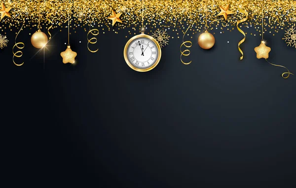 Postal, invitación Feliz Año Nuevo 2022 y Feliz Navidad. Reloj, bolas metálicas doradas de Navidad, decoración, brillo, confeti brillante sobre un fondo negro. Vector — Archivo Imágenes Vectoriales