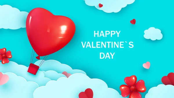 День Святого Валентина Повітряною Кулею Формі Серця Пролітає Крізь Хмари — стоковий вектор