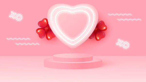 Minimalistic Stage Pink Cylindrical Podium Heart Frame Balloons Scene Demonstration — Stock Vector