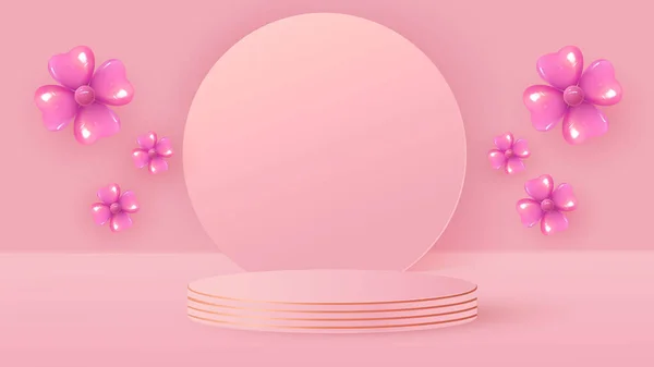 Minimalistic Scene Pink Cylindrical Podium Frame Flowers Balloons Scene Demonstration — 스톡 벡터