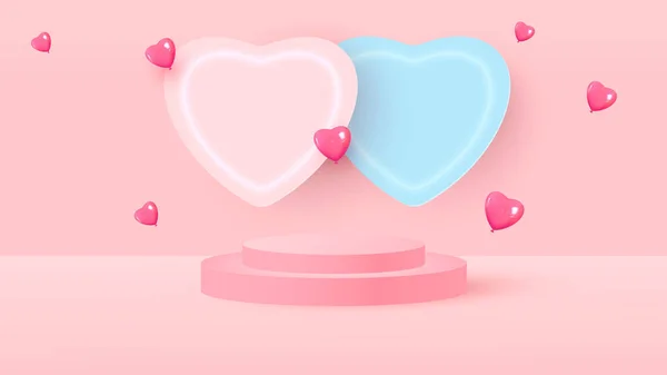 Minimalistic Scene Pink Cylindrical Podium Heart Frame Flying Balloons Stage — Vector de stock