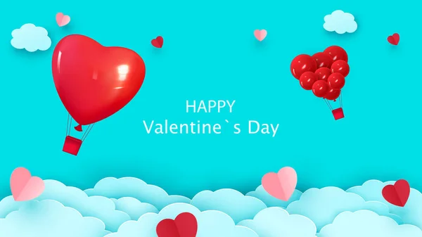 Valentine Day Background Heart Shaped Balloon Flying Clouds Romantic Paper — Vetor de Stock