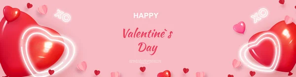 Glad Alla hjärtans dag Romantisk kreativ banner, horisontell rubrik för webbplats. Bakgrund Realistiska 3d festliga dekorativa ballonger i form av hjärta, XO symbol,. Vektor — Stock vektor