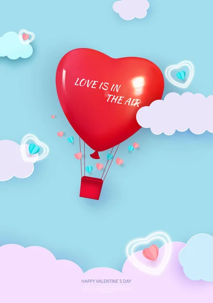 Valentine s day background with heart shaped balloon flying through the clouds. Love is in the air. Romantic paper art in origami style. Vector — Stock Vector