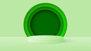 Yeşil silindirik bir podyum ve yeşil tonlarda yuvarlak bir çerçeve. Ürün gösterisi için sahne, vitrin. Vektör