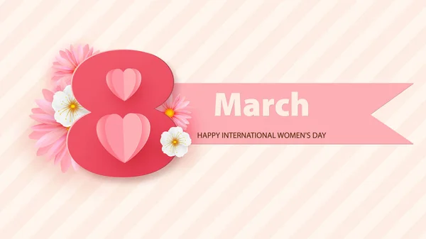 March 8, Women s Day greeting card with chamomile flower. Background in pastel colors with a geometric pattern. — Stock Vector