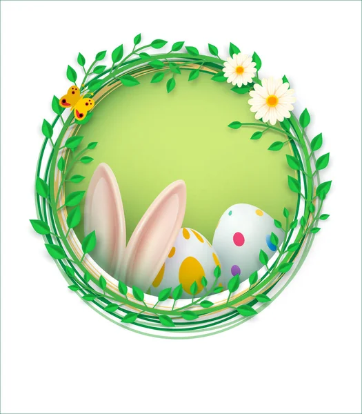 Feliz bandera de Pascua. Composición de primavera en un marco redondo, orejas de conejo, huevos de Pascua, hojas y flores. Lugar para tu mensaje. Vector — Vector de stock
