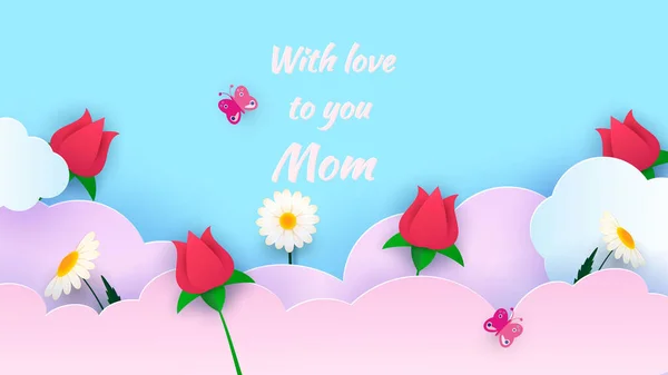 Happy Mother s Day venta encabezado o plantilla de cupón. Rosas, margaritas y nubes cortadas en papel. Banner horizontal con cielo azul y flores. Texto de felicitación. — Vector de stock