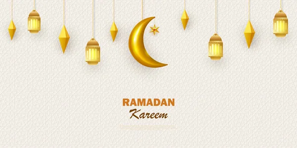 Bannière horizontale concept Ramadan Kareem avec motifs géométriques islamiques. Lanternes dorées traditionnelles, arabesques, lune et étoiles. Vecteur — Image vectorielle