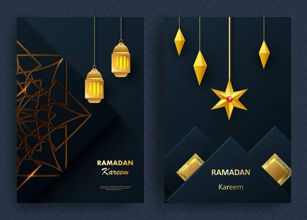 Креативный современный дизайн с геометрическим золотым узором на фактурном фоне. Исламский священный праздник Рамадан Карим. Открытка или баннер. — стоковый вектор