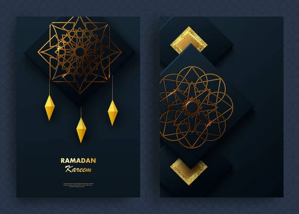 Креативный современный дизайн с геометрическим золотым узором на фактурном фоне. Исламский священный праздник Рамадан Карим. Открытка или баннер. Вектор — стоковый вектор