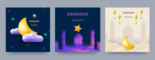 Cartel de Ramadán Kareem o conjunto de invitación con 3d mezquitas islámicas cortadas en papel, estrellas y luna creciente sobre fondo azul y claro. Vector — Archivo Imágenes Vectoriales