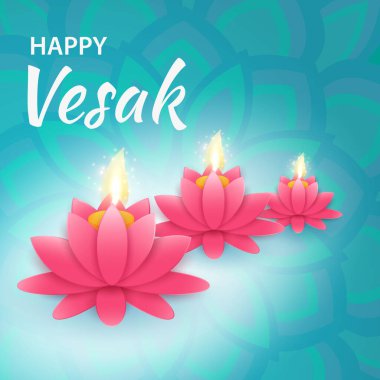 Vesak Günü için kağıt kesiminde Buddha mumu, çiçek ve Doğu Asya unsurları olan pankart. Tebrik etmek için arka plan. Vektör illüstrasyonu