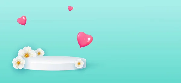 Ελάχιστη σκηνή λευκό κυλινδρικό βάθρο και ανοιξιάτικα λουλούδια. Πετώντας μπαλόνια σχήμα καρδιάς. Καλλυντικό στάδιο επίδειξης προϊόντων, βιτρίνα. Διάνυσμα — Διανυσματικό Αρχείο