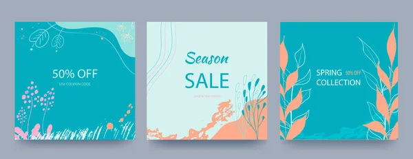 彩色的春季正方形背景 简约的风格与花卉元素和质感 可编辑销售模板 — 图库矢量图片