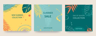 Tropikal yaprakları, bitkileri ve benekleri olan reklam pankartları. Yeni koleksiyon ilanı, indirimler, yaz indirimi. Satılık şablon, reklam, internet. Vektör