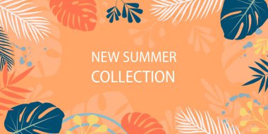 Tropikal yaprakları, bitkileri ve son moda çiçek tarlaları olan yatay bir pankart. Yeni koleksiyon ilanı, indirimler, yaz indirimi. Satılık şablon, reklam, internet. Vektör