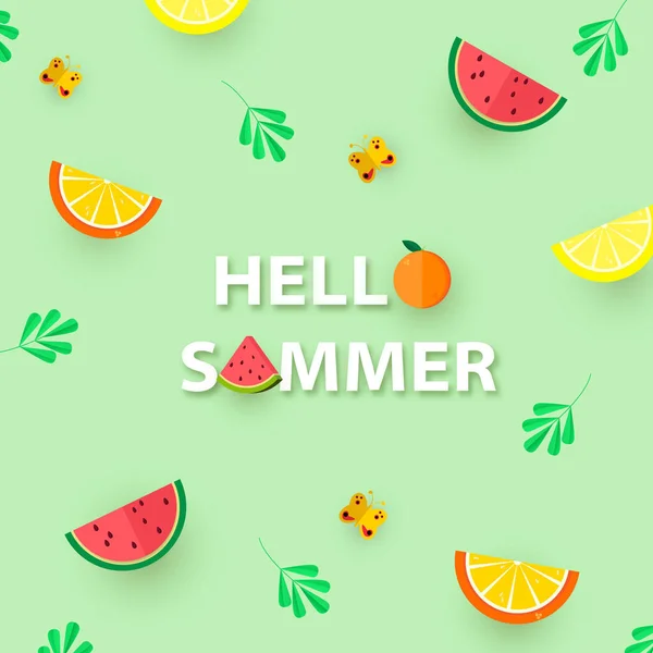 Olá, verão. Bandeira quadrada com limão, laranja, fatias de melancia, folhas e borboletas. Vetor — Vetor de Stock