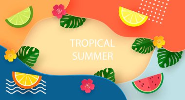 Tropical summer. Horizontal banner with tropical leaves, plants, trendy flower patches and lemon and orange slices. Vector