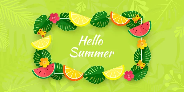 Hello summer. Horizontal banner with tropical leaves, plants, trendy flower patches and lemon and orange slices. Vector — Stok Vektör