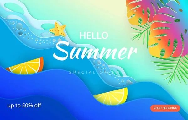 Sea waves and tropical leaves in paper art style. Poster with summer holidays in paper design. Vector — Vector de stock