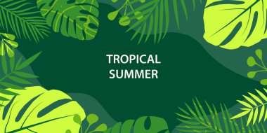 Horizontal banner with tropical leaves, plants and trendy floral blots. Announcement of a new collection, discounts on it, summer sale. Vector