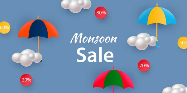 Modelo de cartaz para o projeto Great Monsoon Sale com guarda-chuvas coloridos e nuvens. Vetor — Vetor de Stock