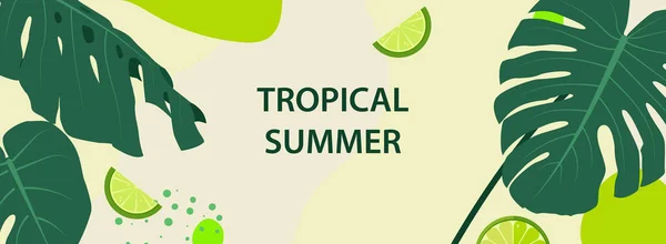 Banner Horizontal Con Hojas Tropicales Plantas Rodajas Lima Manchas Florales — Vector de stock