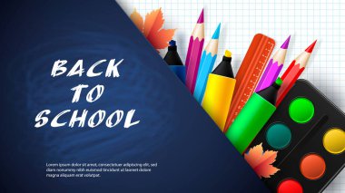 Okula dönelim. Renkli kalemler, keçeli kalemler ve sonbahar yapraklarıyla gerçekçi okul malzemeleriyle yazılmış kelimeler. Vektör