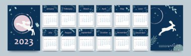 2023 takvim şablonu. Tavşan 2023 yılı için tavşan ve bitki karalamalarıyla dikey tasarım. A4 illüstrasyonlu düzenlenebilir sayfa şablonu, kapaklı 12 aylık set. Vektör illüstrasyonu.