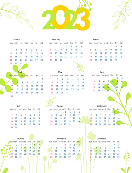 Yearly Calendar Template 2023 Week Starts Sunday Calendar Design Minimalist — Stockvektor