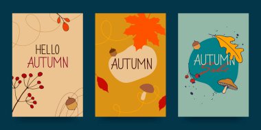Autumn abstract poster in modern hipster style. Templates for the design of autumn banners, posters, advertising, postcards, sales. Trendy modern art with autumn leaves. Vector