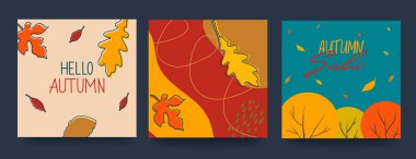 Autumn abstract poster in modern hipster style. Brush, ink, stains. Trendy modern art with autumn leaves. Vector illustration