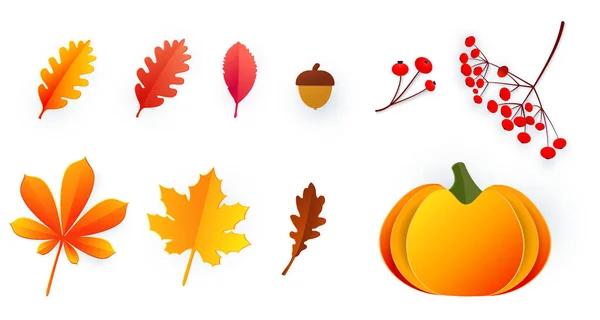 Hello Autumn Set Autumn Elements Paper Cut Style Leaves Berries — Stock Vector