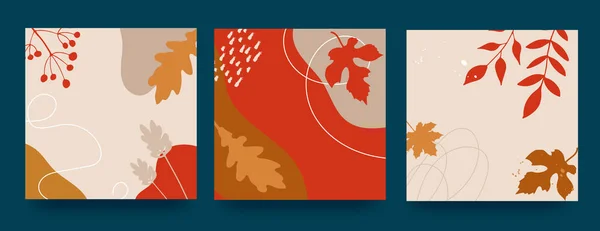 Autumn Abstract Poster Modern Hipster Style Autumn Leaves Berries Spots — Vetor de Stock