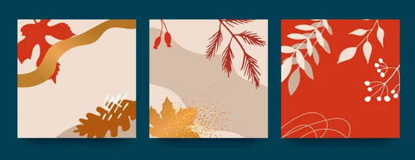 Autumn Abstract Poster Modern Hipster Style Autumn Leaves Berries Spots — Stockvektor