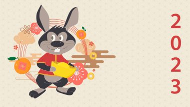 Çin Yeni Yıl Şablonu 'nun neşeli çizgi film tavşanları, geleneksel desenleri ve unsurları olan bir şablonu. Çince 'den çeviri - Mutlu yıllar, tavşan sembolü. Vektör illüstrasyonu